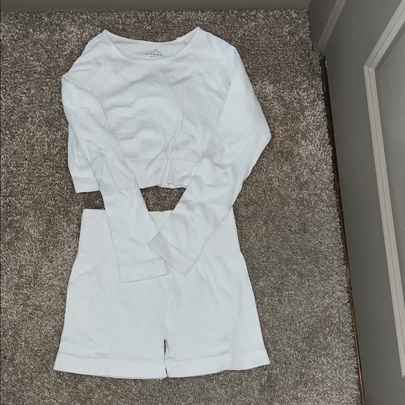 Pants - White Ribbed Long Sleeve Top and Shorts Workout Set